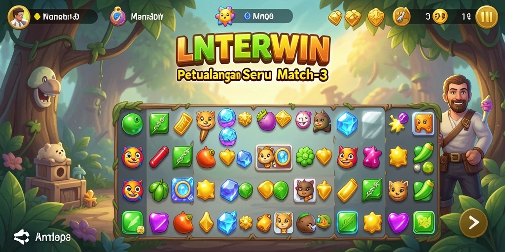 Screenshot gameplay LNTERWIN yang menampilkan aksi mencocokkan permata Match-3.