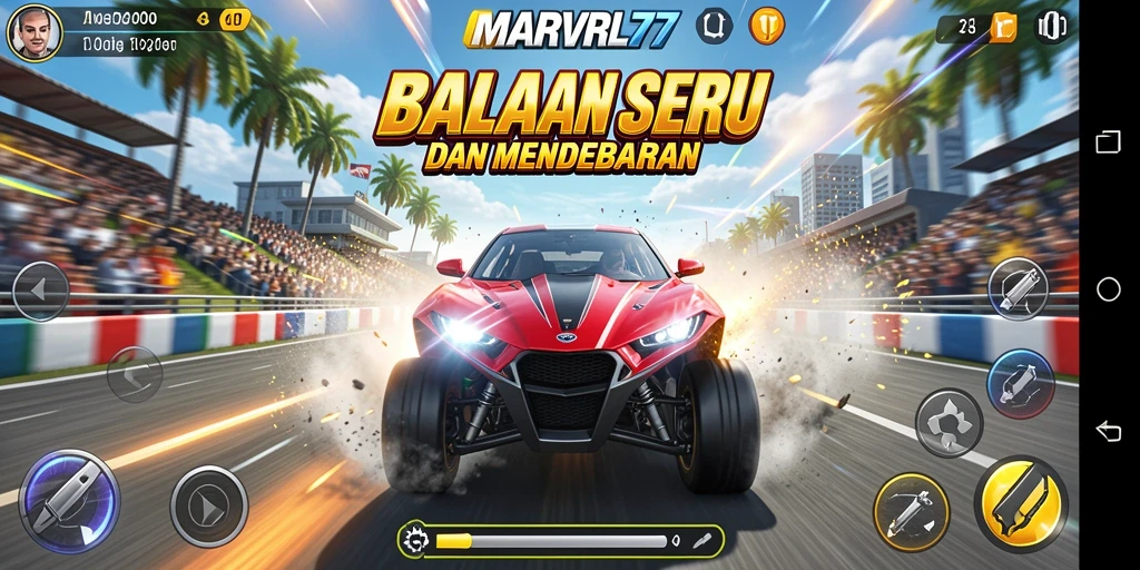 Tampilan gameplay MARVRL77 yang mendebarkan dalam balapan.
