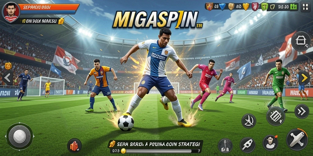 Screenshot gameplay MIGASPIN yang menampilkan aksi seru di lapangan sepak bola.