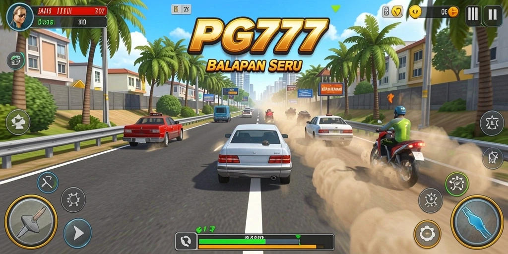 Tangkapan layar PG777 menampilkan balapan mendebarkan di jalur perkotaan.