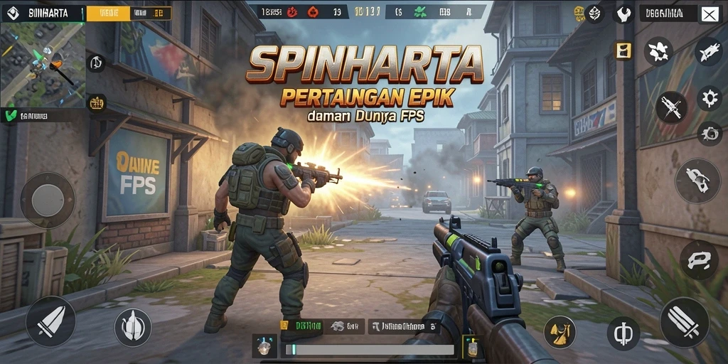 Screenshot gameplay SPINHARTA menampilkan aksi seru dalam pertempuran FPS.