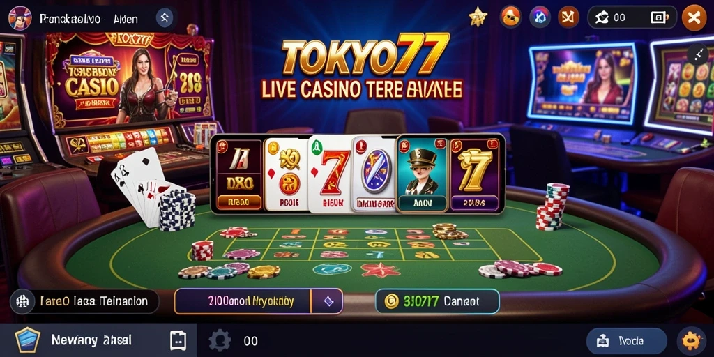 Screenshot gameplay TOKYO77 menampilkan dealer langsung dan suasana kasino yang menakjubkan.