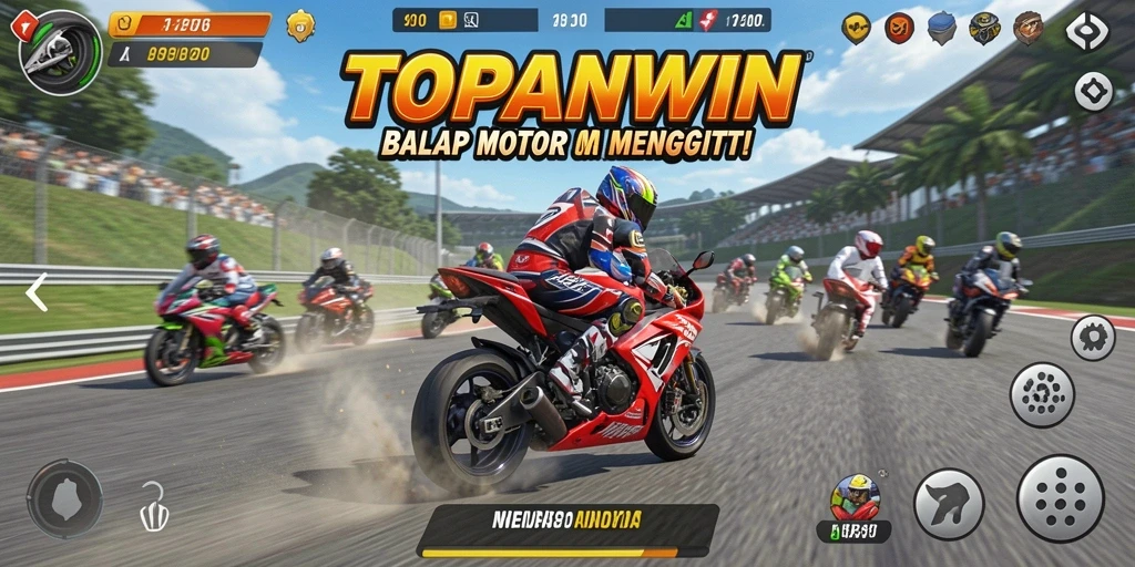 Screenshot gameplay TOPANWIN menampilkan balapan motor yang mendebarkan.